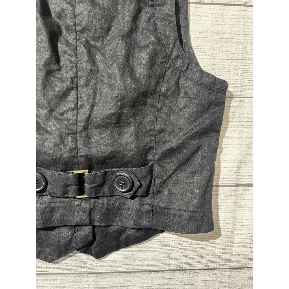 Vtg Forever 21 Y2K Deep V Vest Collared Crop Fitted Vest Black 100% Linen Sz M
